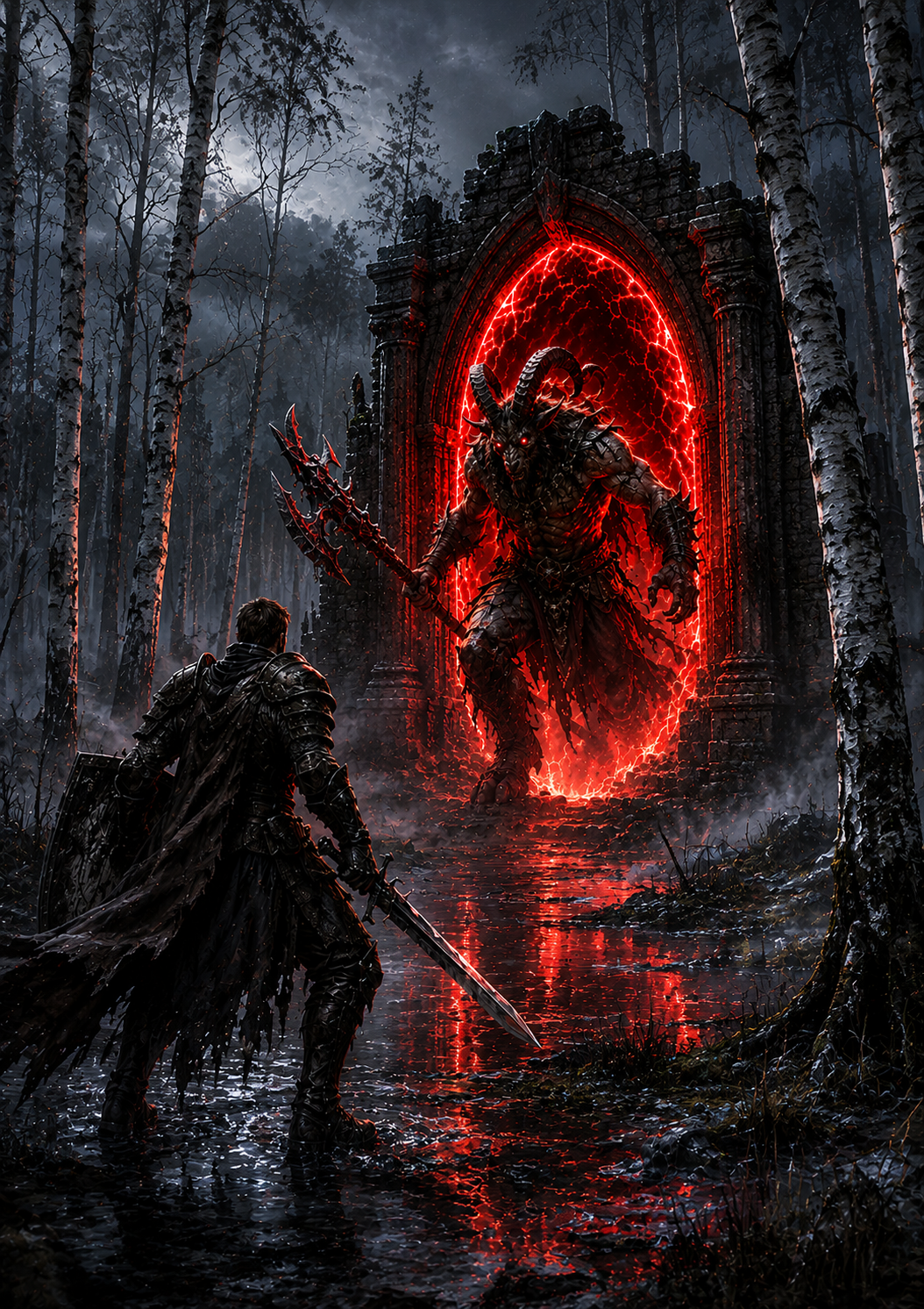 A warrior faces a Corrupted Waygate in a dark forest