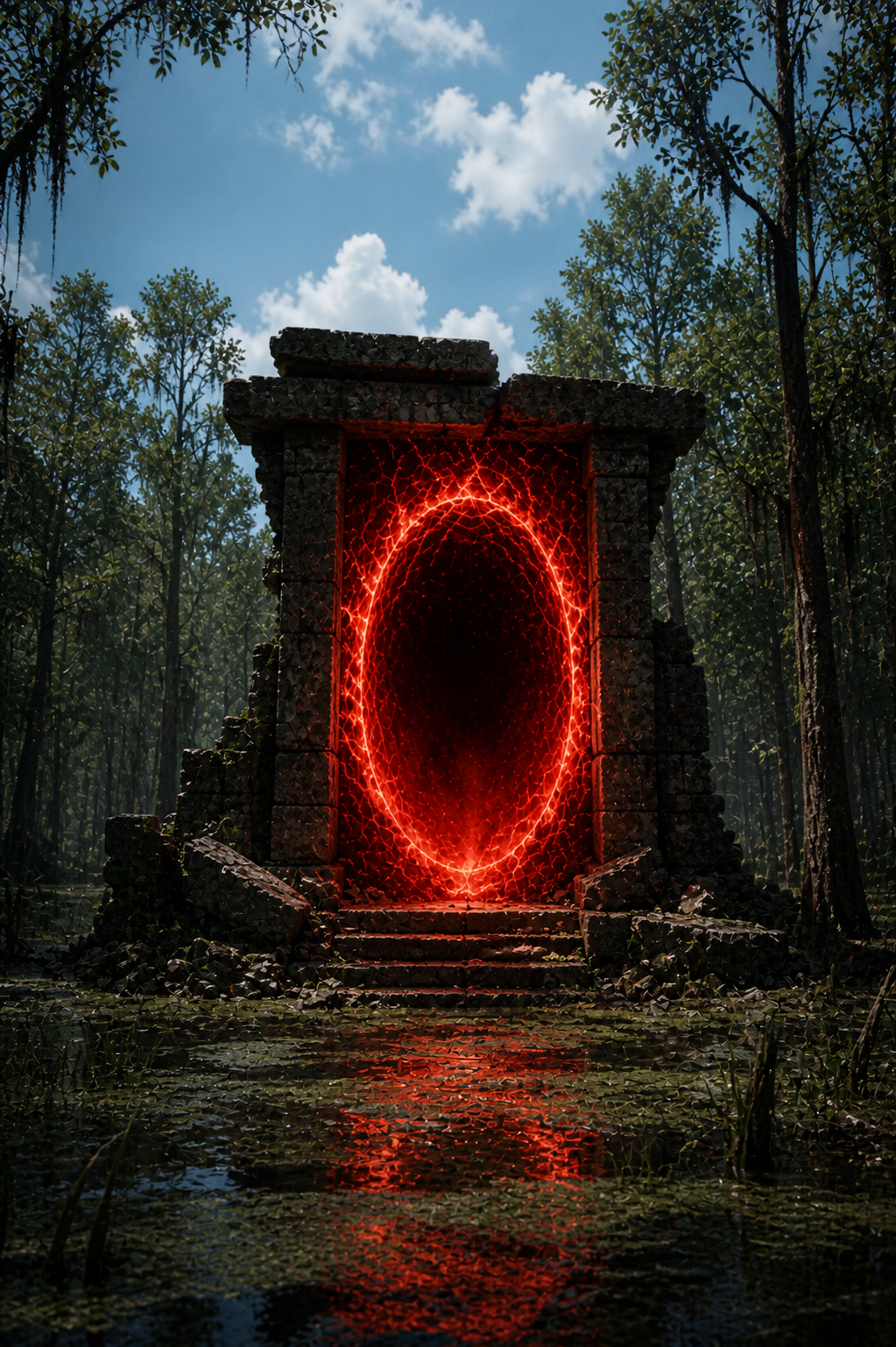 A Corrupted Waygate blazing with red energy in a dark swamp